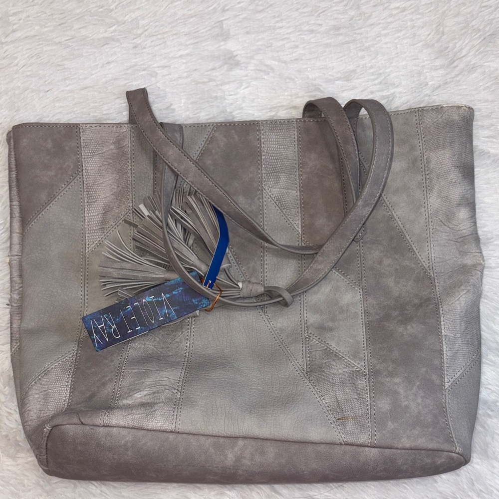 Violet Ray Gray Leather Tote Bag with Tassel